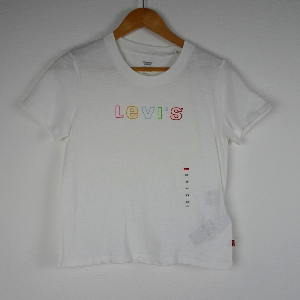 Levi's Pride Logo T-Shirt Women's Size XS White Top Rainbow Spell Out Tee